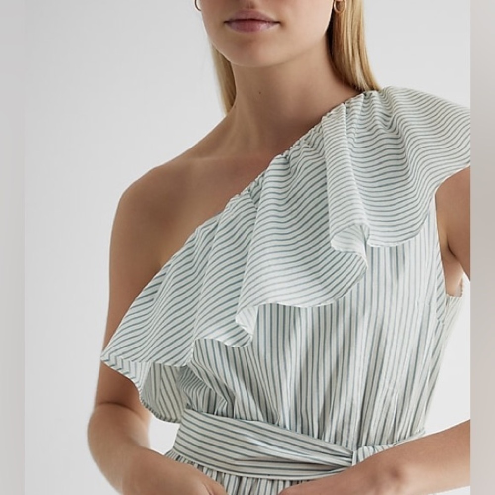 Express One Shoulder Striped Ruffle Poplin Maxi Dress - S - Picture 4 of 7